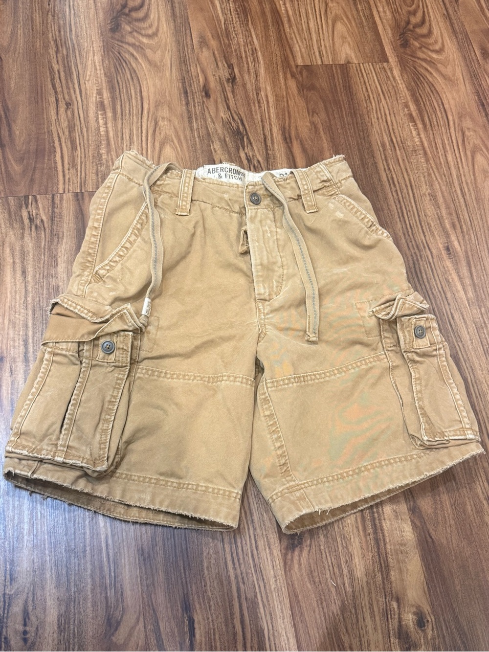 VTG Y2k Abercrombie & Fitch Mens Tan Cargo Shorts Drawstring Sz 31x9 Distressed